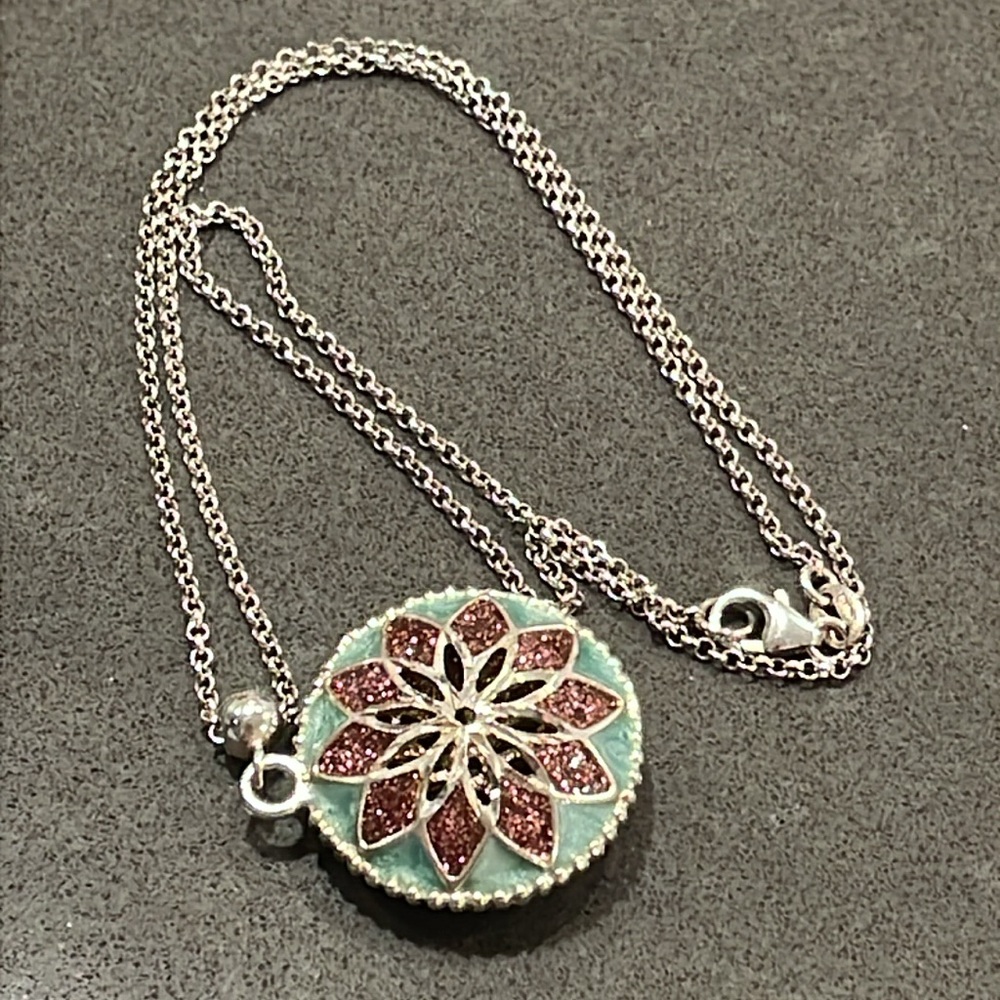 Blue and Purple Enamel Flower Puff Pendant Necklace - Picture 6 of 10